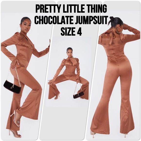 NWT Pretty Little Thing Chocolate Satin Corset Detail Cross Bust Jumpsuit Size 4 - Picture 1 of 16